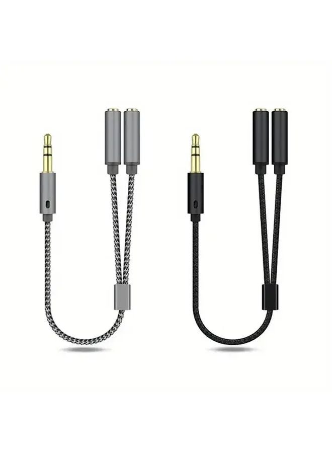 Gray 3 5mm Audio Splitter Cable One Male to Two Female Gold Plated Nylon Braided - Image 1